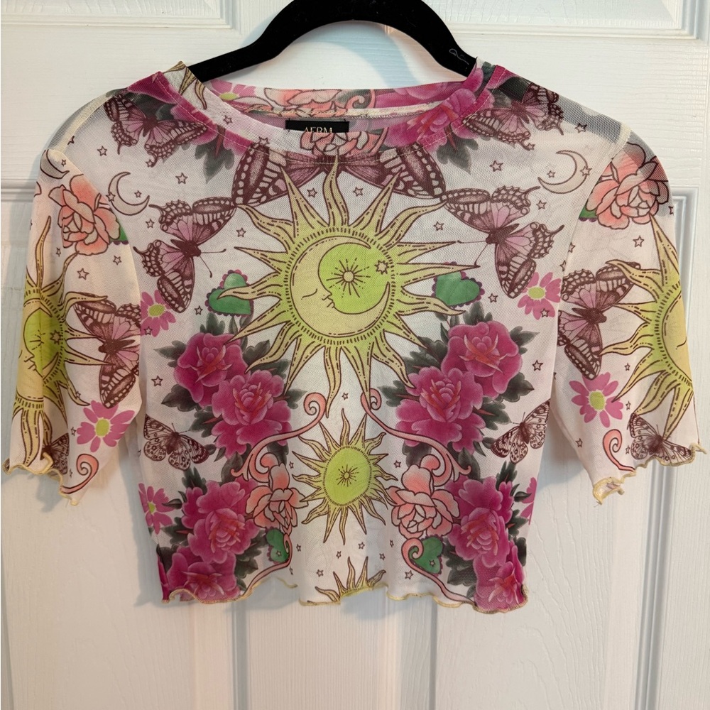 AFRM Yellow and Pink Graphic Crop T-Shirt